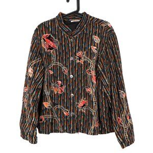 Floral Tapestry Jacket XL Striped Mandarin Collar Applique Boho Lagenlook Black